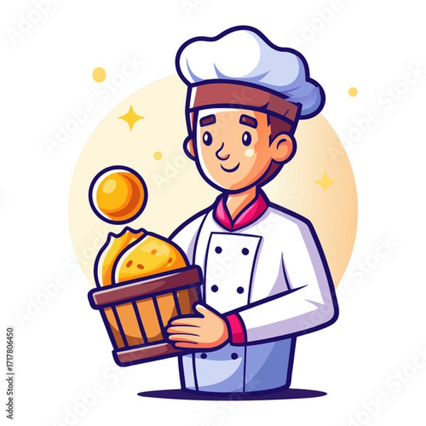 Fototapeta Warm Glowing Basket of Bread Vector Illustration Featuring Male Chef, Bakery Concept, Delicious Fresh Bread, Culinary Art, Kitchen Design