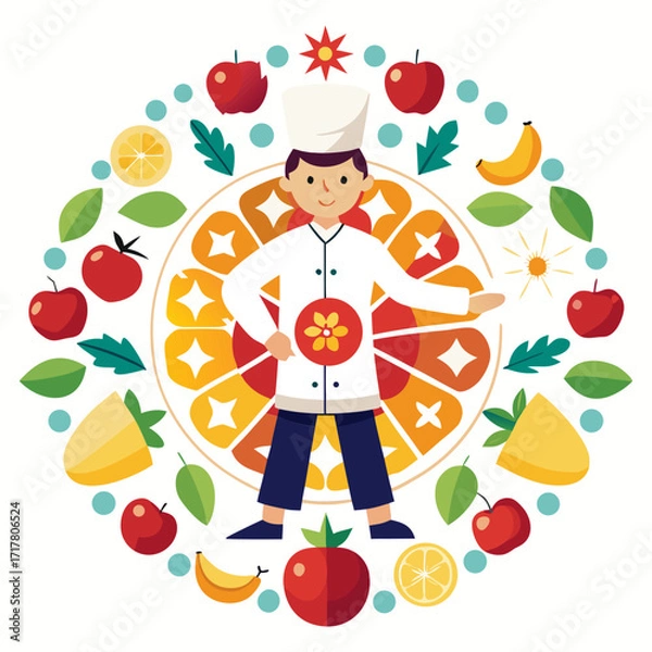 Fototapeta Male Chef Creating Beautiful Fruit Mandala Pattern Artistic Culinary Design Fresh Healthy Food Vector Illustration White Background