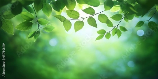 Fototapeta Green background with leaves and branches in the foreground