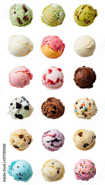 Fototapeta colorful scoops of different flavored ice creams arranged in several rows, PNG
