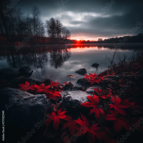 Fototapeta Red autumn leaves by a tranquil lake at sunset with moody reflections
