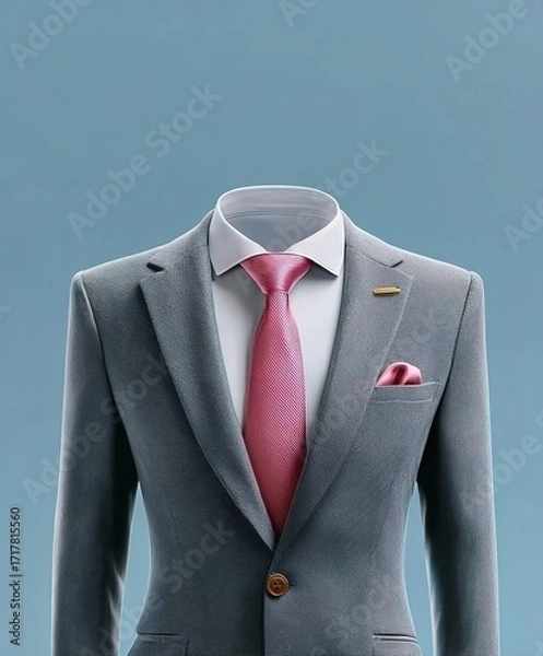 Obraz Front-Facing Women's Business Suit Image (No Body Parts) - Solid Charcoal Gray Suit, Dusty Rose Silk Tie, Light Blue Background