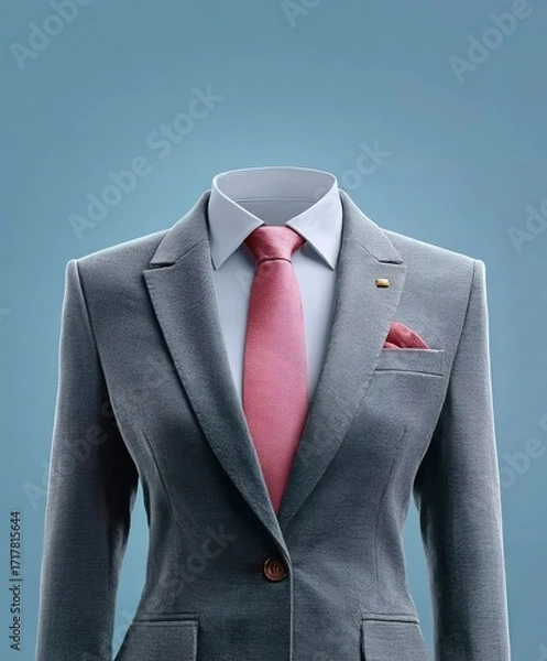 Obraz Front-Facing Women's Business Suit Image (No Body Parts) - Solid Charcoal Gray Suit, Dusty Rose Silk Tie, Light Blue Background