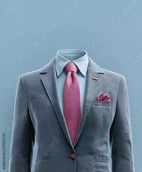 Obraz Front-Facing Women's Business Suit Image (No Body Parts) - Solid Charcoal Gray Suit, Dusty Rose Silk Tie, Light Blue Background