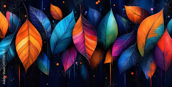 Fototapeta Vibrant abstract leaves on dark background, colorful autumn botanical art