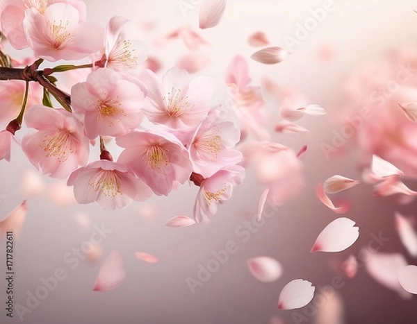 Fototapeta softly illuminated cherry blossom petals falling against a gentle background
