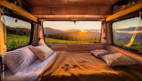 Fototapeta empty bed inside a cozy camper van bathed in golden light from a stunning sunrise over distant mountains and green hills