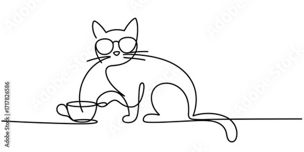 Obraz Whimsical cat wearing glasses enjoys coffee in a simple line drawing style vector