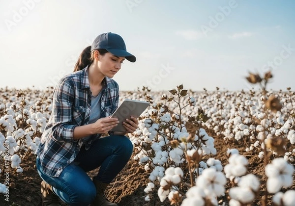 Fototapeta Female farmer using a digital tablet in a cotton field. Agronomist inspecting crop quality with modern technology. Smart farming and agritech concept