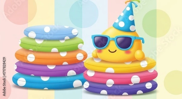 Fototapeta Happy Birthday Cute Star Character with Fun Pool Toys