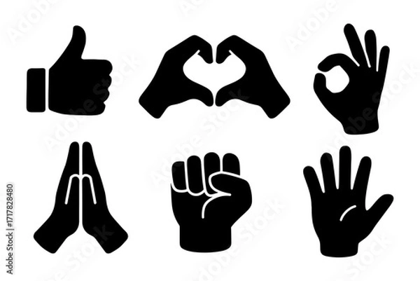 Obraz hand gesture silhouette icons , thumbs up, heart hands, ok sign, praying hands, fist, raised palm