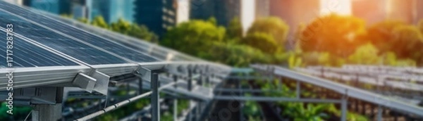 Fototapeta Solar Panels in Urban Setting with Skyscrapers and Greenery Background