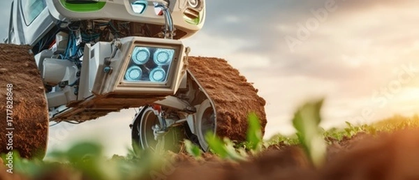 Fototapeta Advanced Agricultural Robot in Action on Farm Field at Sunset