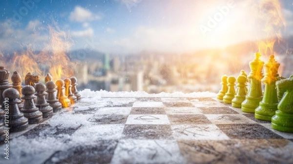 Fototapeta Chessboard on Fire and Ice with City Skyline Background at Sunset