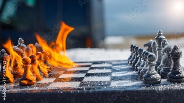 Fototapeta Chess Game with Flaming Pieces on a Snowy Tabletop in Nature