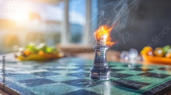 Fototapeta Flaming Chess Piece Creating Dynamic Visual in Indoor Setting