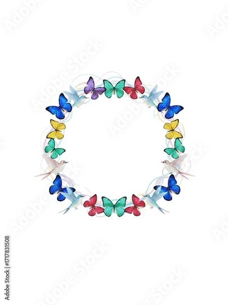 Fototapeta Oval Decorative Frame with Birds and Butterflies, Minimalist 3D Design on White