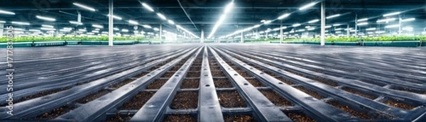 Fototapeta Indoor Hydroponic Farming Setup with Rows of Growing Trays