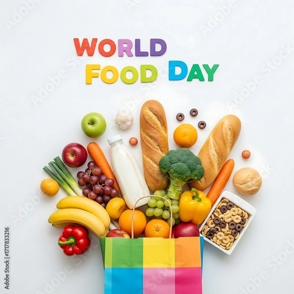 Obraz Colorful world food day celebration with fresh groceries spilling from a bag