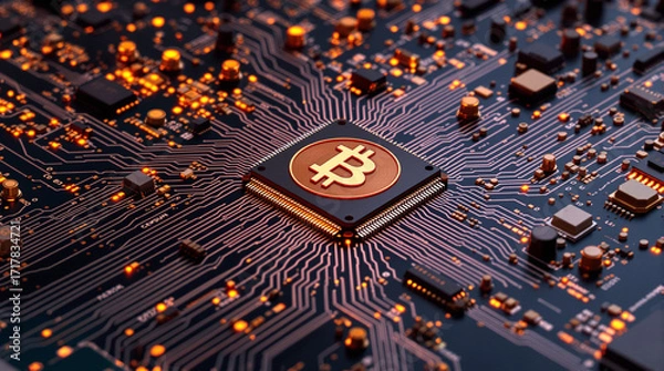 Fototapeta Bitcoin concept - Printed circuit board with bitcoin processor and microchips - 3d illustration