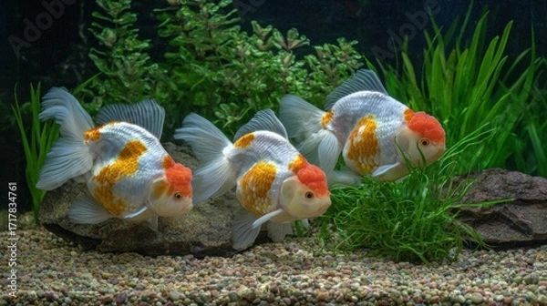 Fototapeta Three Oranda Goldfish in Aquarium with Plants and Gravel