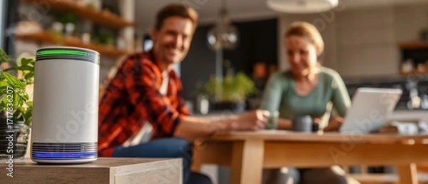 Fototapeta Modern Smart Device in Cozy Home Setting with Happy People