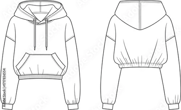 Fototapeta Vector illustration of cropped hoodie front and back view with drawstring hood, kangaroo pocket, ribbed cuffs, relaxed fit fashion template