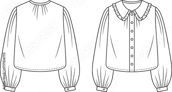 Fototapeta Vector illustration of elegant women’s blouse front and back view with ruffled collar, button closure, gathered sleeves, fashion design template