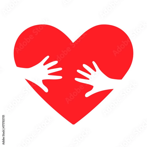 Fototapeta Heart hug vector icon as children adoption metaphor. Helping or Loving Hands embracing Red heart.