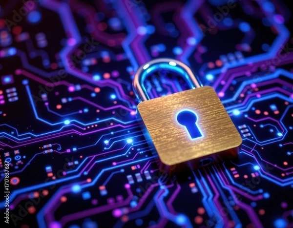 Fototapeta Cybersecurity concept with golden padlock and glowing circuit board symbolizing encrypted data protection, digital trust, and advanced technology systems.