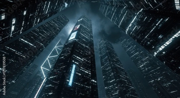 Fototapeta Futuristic Cityscape at Night with Towering Skyscrapers and Glowing Lights