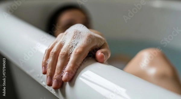 Obraz Female relaxing in bathtub with soap-covered hand over edge