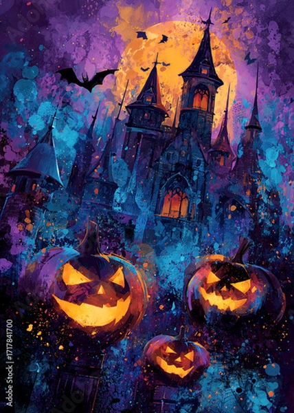 Fototapeta Haunting Castle Stands Against a Vivid Twilight Sky Filled With Bats and Glowing Pumpkins During a Spooky Halloween Night