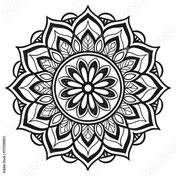 Fototapeta A black and white mandala design featuring floral patterns and symmetrical petal arrangements in a circular form created with generated ai