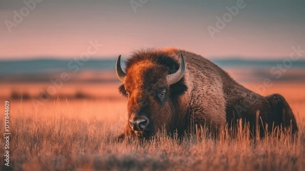 Fototapeta Resting Bison in a Grassy Field