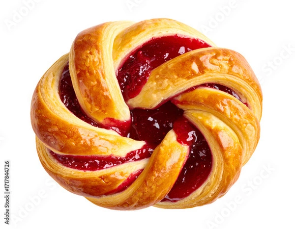 Obraz Golden braided Danish pastry with glossy berry jam center, laminated flaky layers and sugar crystals, top view on isolated background