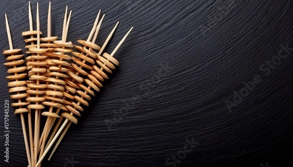 Fototapeta Wooden Skewers On A Black Background With Copy Space