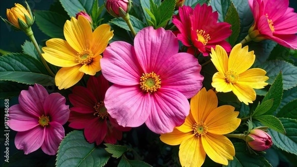 Fototapeta Vibrant bouquet of colorful flowers in full bloom, showcasing a delightful array of petals and lush green foliage.