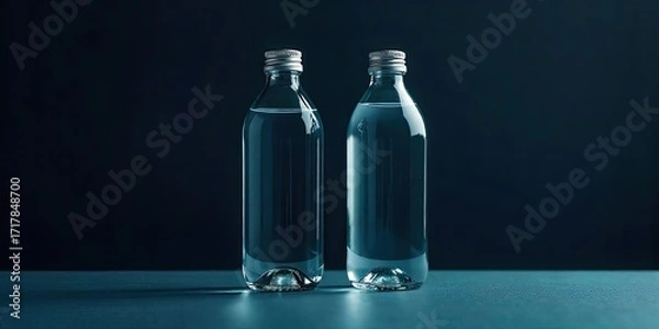 Fototapeta Two Glass Bottles Filled with Clear Liquid on a Dark Teal Surface