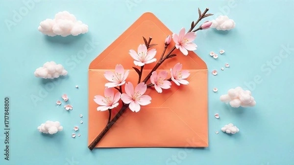 Fototapeta Peach envelope with delicate paper blossom branch and fluffy clouds against a light blue backdrop conveys a message of spring's gentle arrival.