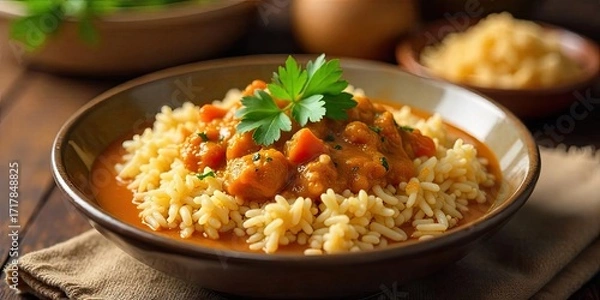 Fototapeta Aromatic Spiced Vegetable Stew Served Over Fluffy Rice in a Rustic Bowl