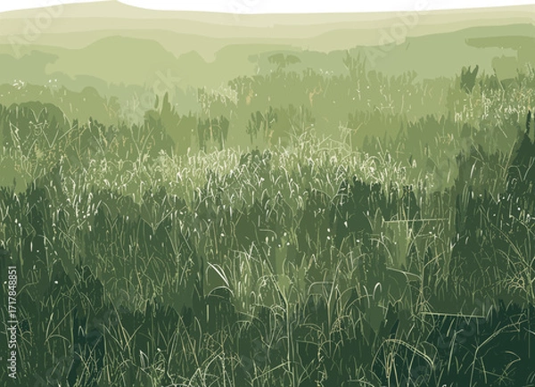 Fototapeta a dense grassy meadow fading into a soft, misty green background with layered tones creating depth.