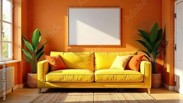 Fototapeta Sunny Yellow Sofa in a Vibrant Orange Room with Natural Light and Blank Canvas