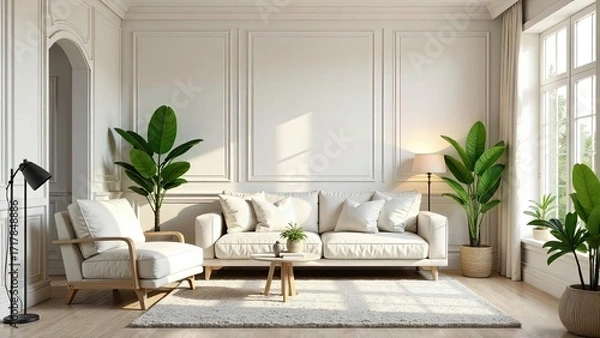 Fototapeta Serene living room interior design with soft natural light illuminating a minimalist white sofa and armchair, complemented by lush potted plants and a neutral rug