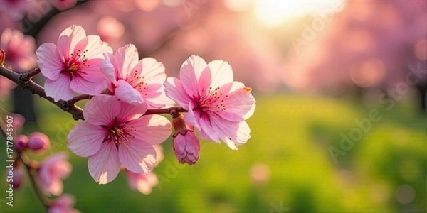 Fototapeta Delicate Pink Blossoms Illuminated by Warm Golden Sunlight in a Serene Spring Meadow