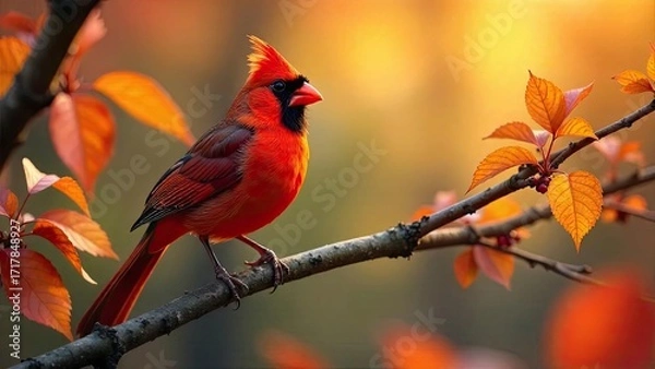 Fototapeta A vibrant red cardinal perched gracefully on a branch adorned with autumnal leaves, basking in the warm glow of the setting sun, a picturesque scene of nature's beauty.