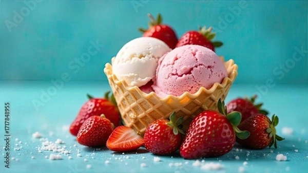 Fototapeta Sweet strawberry and vanilla ice cream scoops in a waffle bowl, surrounded by fresh strawberries on a teal surface