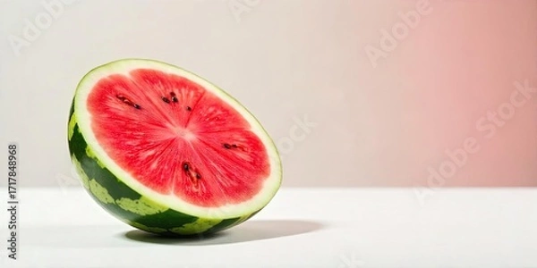 Fototapeta A refreshing half of juicy watermelon rests on a pristine white surface against a soft pink backdrop
