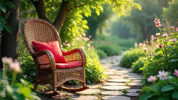 Fototapeta Serene wicker rocking chair with red cushion sits beside a garden path in a tranquil outdoor setting