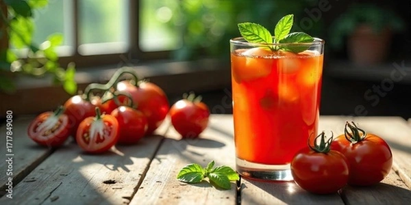 Fototapeta Refreshing Iced Tomato Juice with Mint Garnish on Rustic Wooden Table